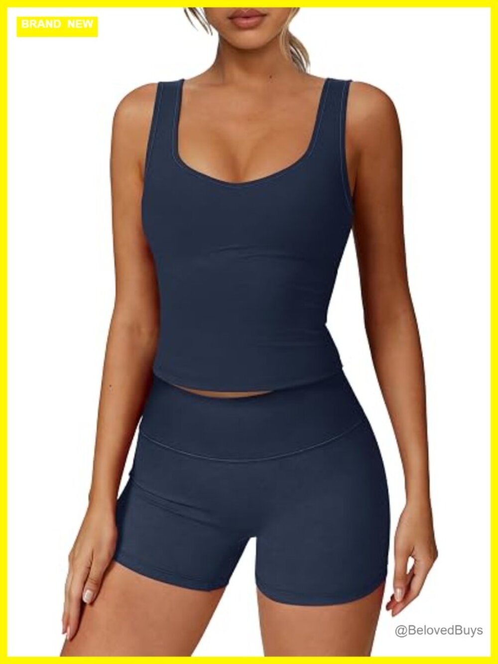 2 Piece Workout Set: U Neck Crop Tank & High Waisted Biker Shorts Activewear
